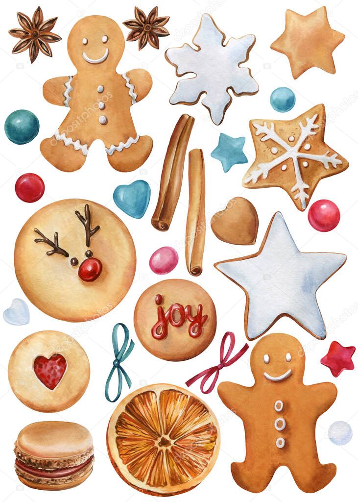 Set of sweets, cookies, gingerbread cookies, sweets, watercolor illustrations, individual elements on a white background