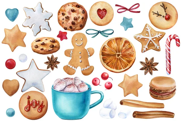 Şekerler, kurabiyeler, zencefilli kurabiyeler, tatlılar, suluboya çizimler, beyaz arkaplandaki bireysel elementler — Stok fotoğraf