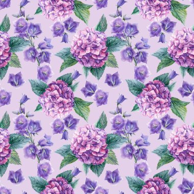 Çiçek ortancaları, yıldız çiçekleri, çan, suluboya çizimler, çiçek tasarımı, kusursuz desenler.