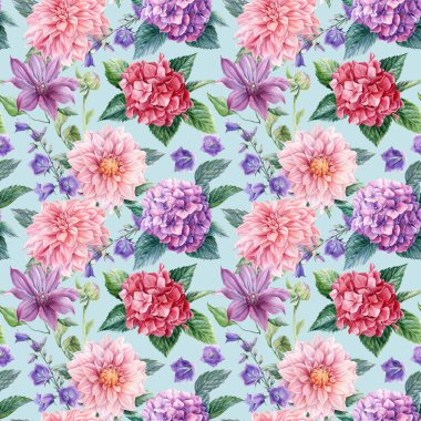 Çiçek ortancaları, yıldız çiçekleri, çan, suluboya çizimler, çiçek tasarımı, kusursuz desenler.