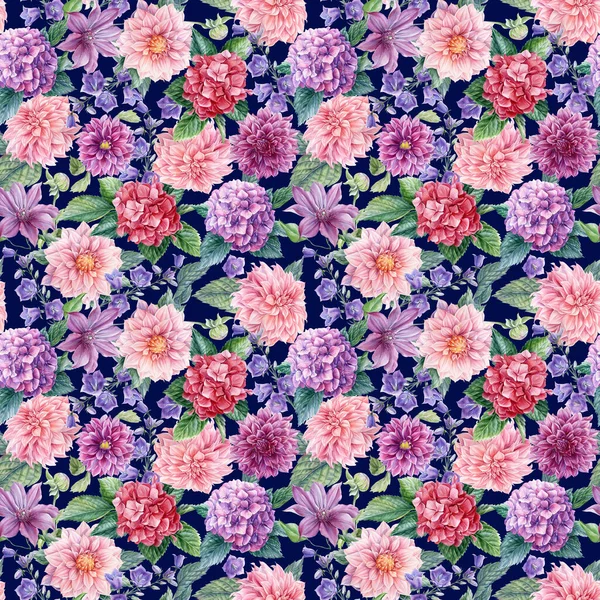 Flowers hydrangea, dahlia, bell, watercolor drawings, floral design, seamless pattern — Stock Photo, Image