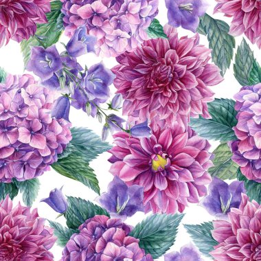 Çiçek ortancaları, yıldız çiçekleri, çan, suluboya çizimler, çiçek tasarımı, kusursuz desenler.