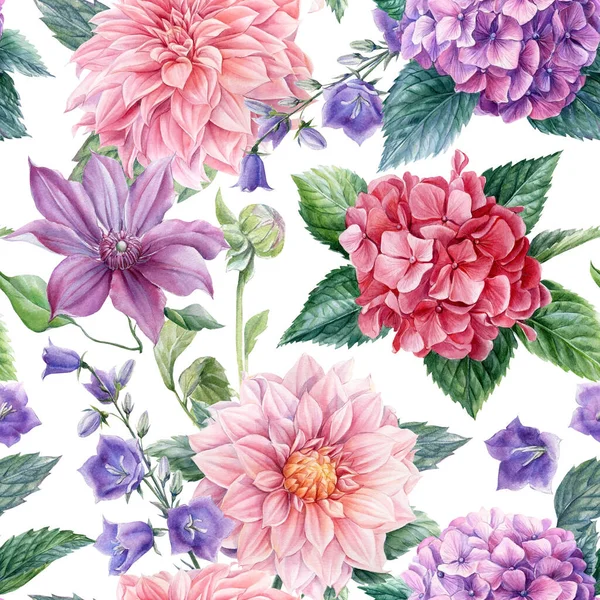 Flores hortênsia, dália, sino, desenhos aquarela, design floral, padrão sem costura — Fotografia de Stock
