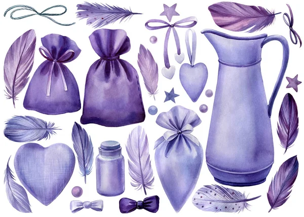 set of watercolor elements, feathers, vases, bottles, feathers, hearts, beads on a white background
