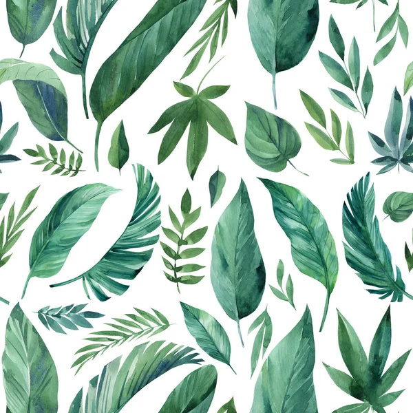Hojas verdes tropicales patrones sin costura. Fondo de pantalla exótico — Foto de Stock