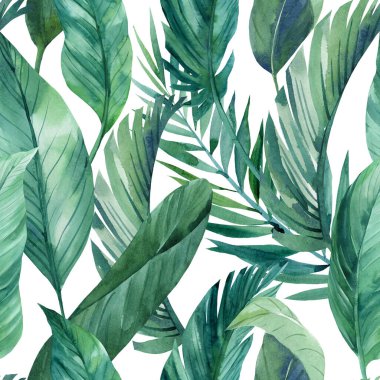 Tropical green leaves seamless patterns. Exotic wallpaper clipart