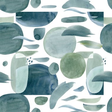 Soyut yeşil desensiz suluboya, geometrik elementler el çizimi