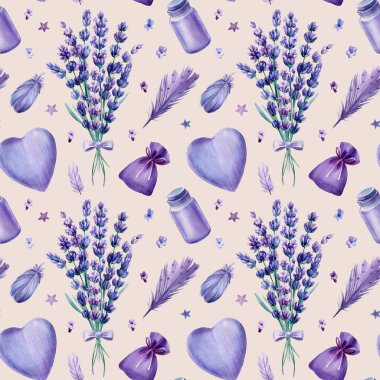 Çiçeksiz desenli suluboya, lavanta çiçekleri, el çizimi