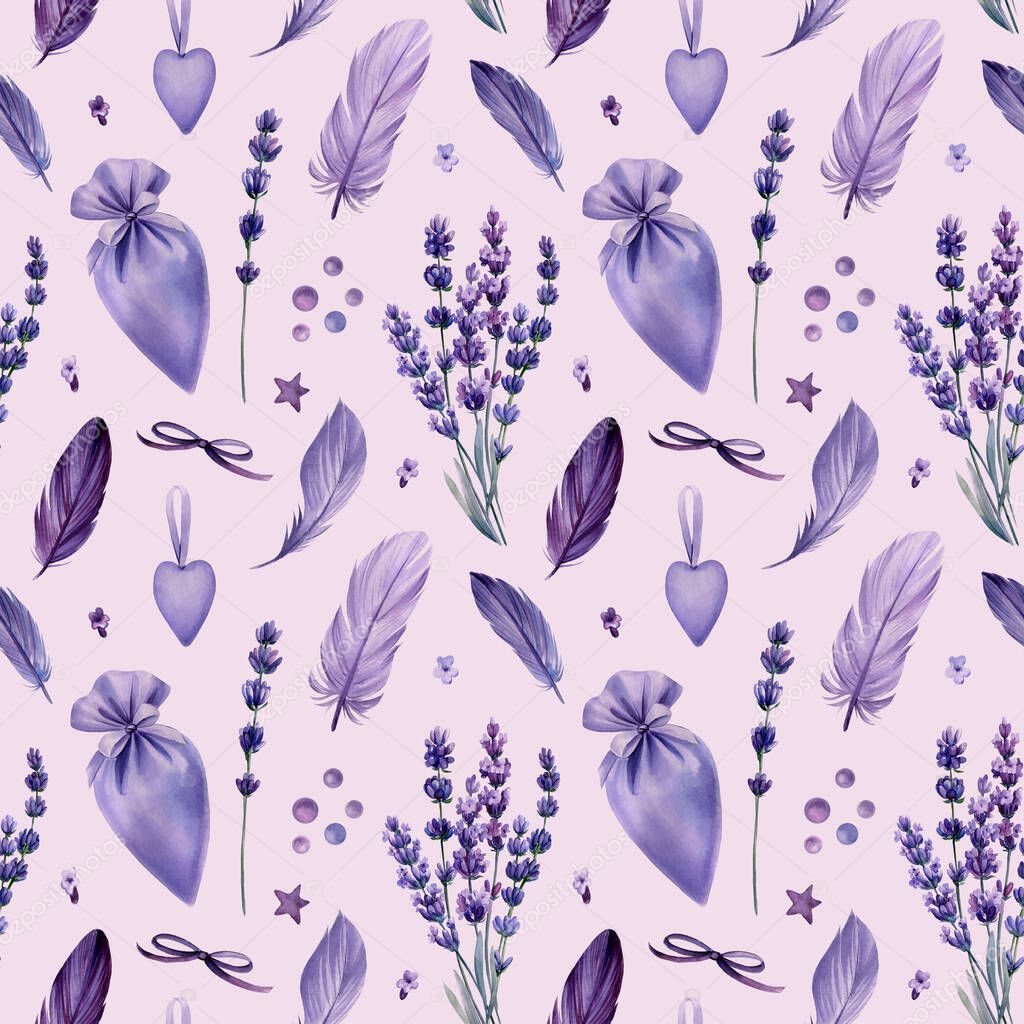 Floral seamless pattern with watercolor, lavender flowers, hand drawing