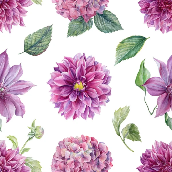 Blütenhortensie, Dahlie, Glocke, Aquarellzeichnungen, florales Design, nahtloses Muster — Stockfoto