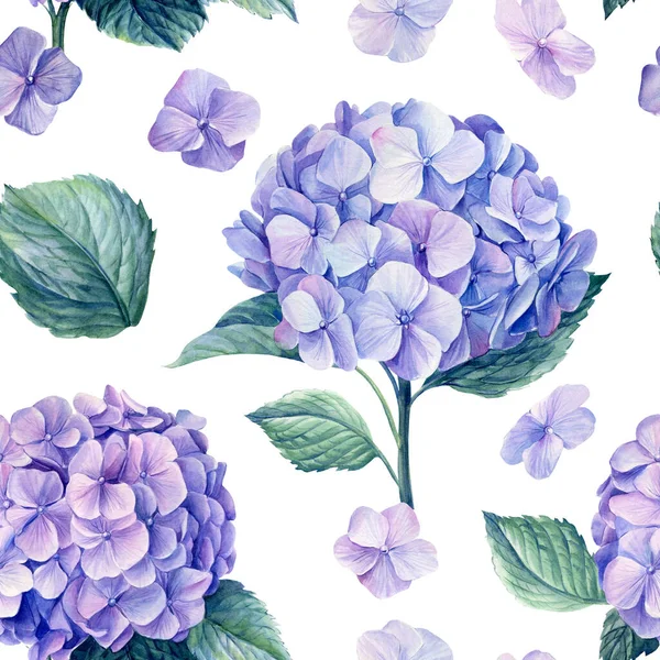 Цветочный бесшовный узор, голубые цветы гортензии, акварель — стоковое фото