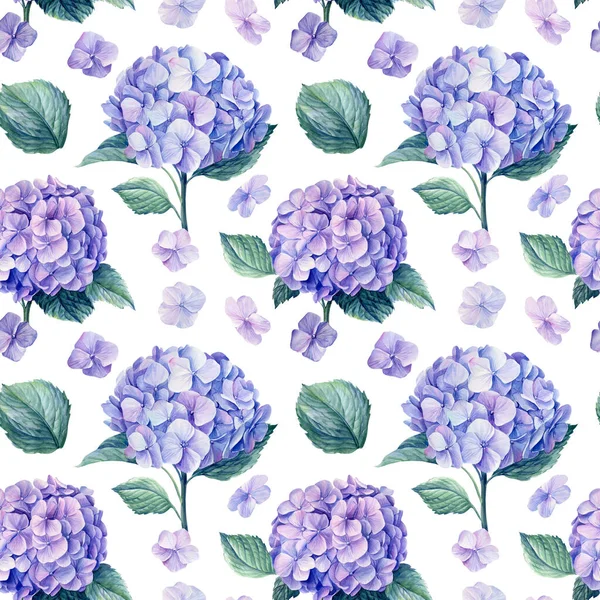 Florales nahtloses Muster, blaue Hortensienblüten, Aquarellmalerei — Stockfoto
