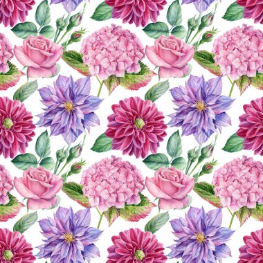 Çiçeksiz desenler, çiçek ortancaları, klematis, yıldız çiçekleri, tomurcuklar ve yapraklar suluboya resimler.