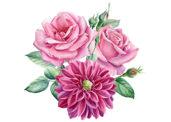 Bouquet di fiori di rosa, clematide, dalie, boccioli e foglie acquerello pittura botanica — Foto Stock