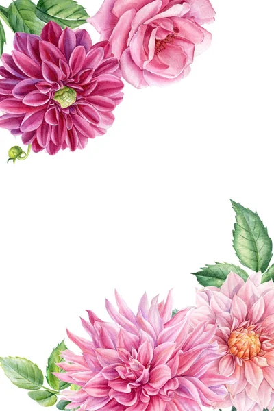 Greeting card, floral arrangements, flowers dahlia, rose, clematis, hydrangea, watercolor botanical illustration — Stock Photo, Image