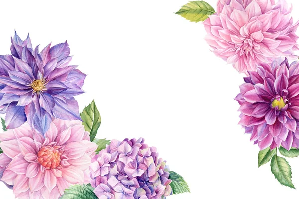 Pozdrowienia kartka, kompozycje kwiatowe, kwiaty dahlia, róża, clematis, hortensja, akwarela botaniczne ilustracja — Zdjęcie stockowe