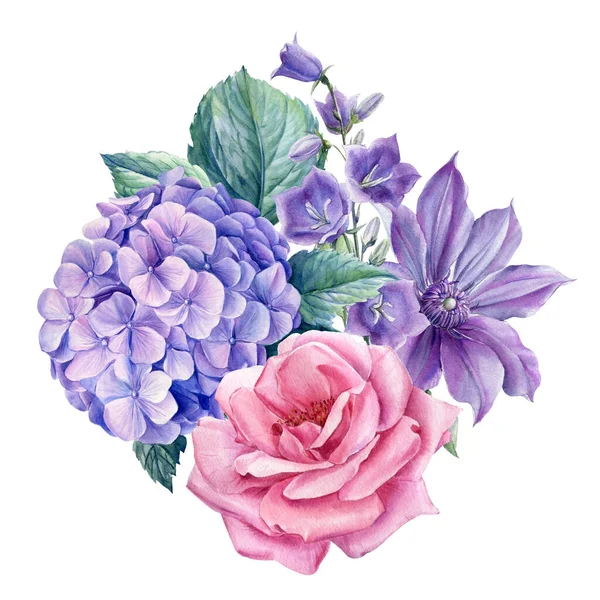 Buquê de flores rosa, clematis, sino, hortênsia, aquarela ilustração botânica — Fotografia de Stock