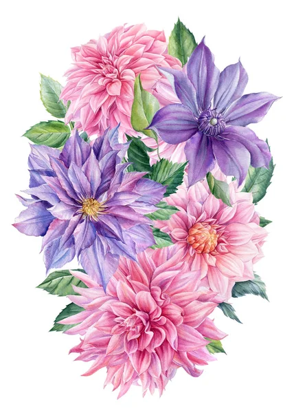 Bouquet de fleurs dahlia, rose, clématite, hortensia, aquarelle illustration botanique — Photo