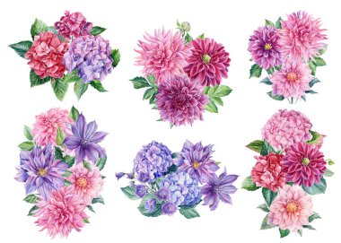 Set of floral arrangements, bouquets of flowers dahlia, rose, clematis, hydrangea, watercolor botanical illustration clipart