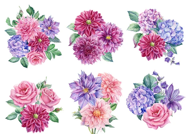 Uppsättning blomsterarrangemang, buketter av blommor dahlia, ros, klematis, hortensia, akvarell botanisk illustration — Stockfoto