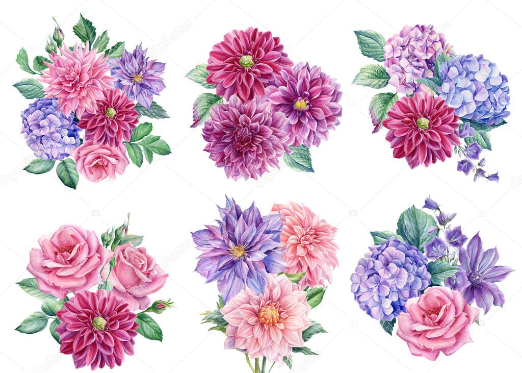 Set of floral arrangements, bouquets of flowers dahlia, rose, clematis, hydrangea, watercolor botanical illustration
