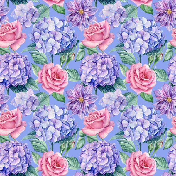 Floral seamless pattern, flowers hydrangea, clematis, dahlias, buds and leaves watercolor painting — Stock Photo, Image