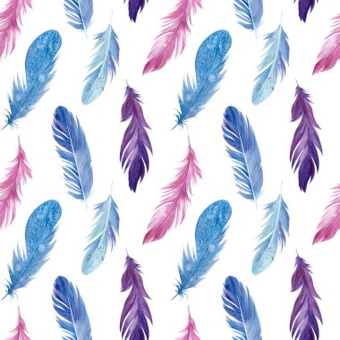Kusursuz desenli kuş tüyleri, suluboya çizimler.