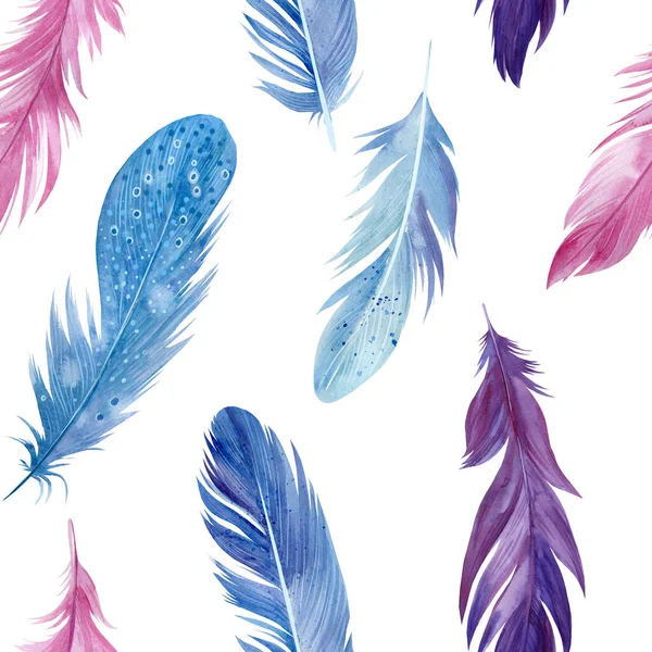 Seamless pattern bird feathers, watercolor illustration — Stock Photo, Image