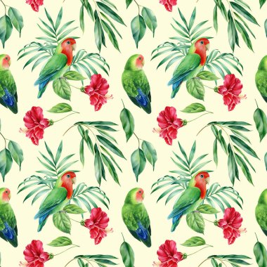 Kusursuz desenler. Papağanlar ve palmiye yaprakları, tropikal bitkiler, suluboya botanik çizimler