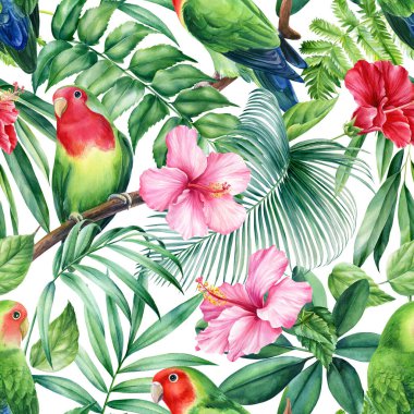 Papağanlar aşk kuşları ve beyaz arka planda tropikal bitkiler, suluboya botanik çizimler. Kusursuz desenler.