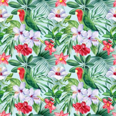 Papağanlar ve palmiye yaprakları, mavi arka planda tropik çiçekler, suluboya botanik çizimler. Kusursuz desenler. 