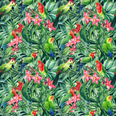 Kusursuz desenler. Papağanlar ve palmiye yaprakları, tropikal bitkiler, suluboya botanik çizimler