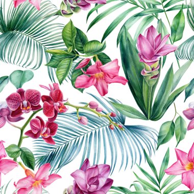 Palmiye yaprakları, tropik çiçekler, zerdeçal, orkide, amber çiçeği, suluboya botanik çizimler. Kusursuz desenler. 
