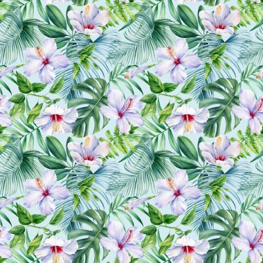 Palmiye yaprakları, mavi arka planda tropik çiçekler, suluboya botanik çizimler. Kusursuz desenler. 