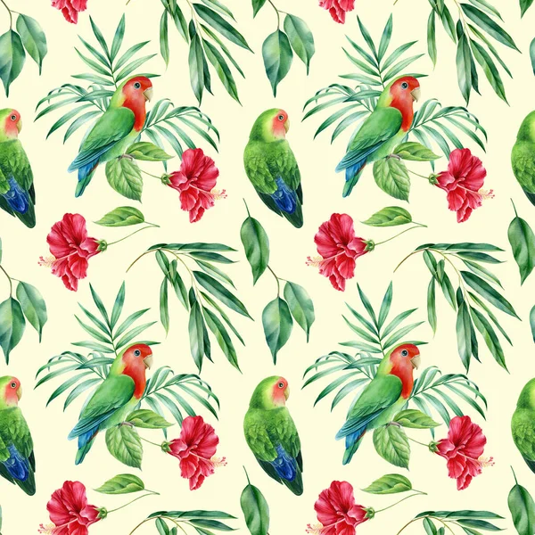 Seamless patterns. Parrots and palm leaves, tropical plants , watercolor botanical illustration — Stock Photo, Image