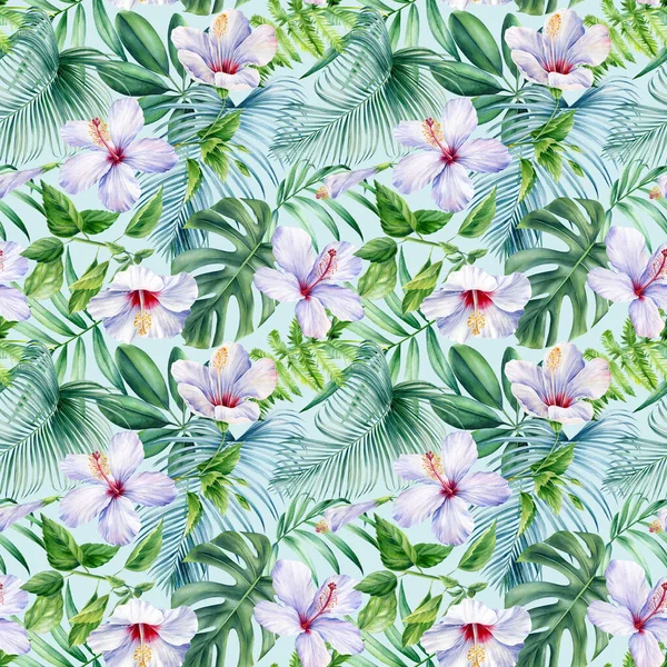 Pálmafalevelek, trópusi virágok kék háttérrel, akvarell botanikai illusztráció. Zökkenőmentes minták. — Stock Fotó