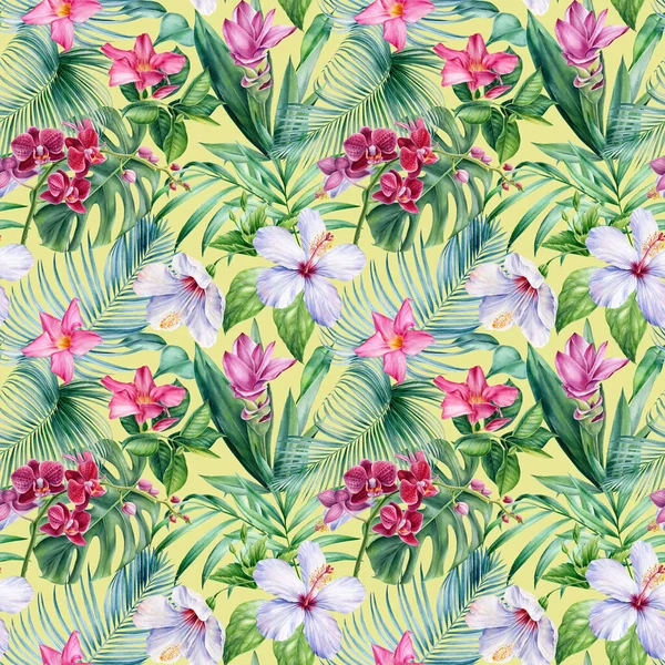 Jungle design. Palm leaves, tropical flowers, watercolor illustration. Seamless patterns.