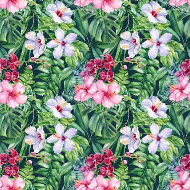 Palmiye yaprakları, tropik çiçekler, suluboya botanik çizimler. Kusursuz desenler. 