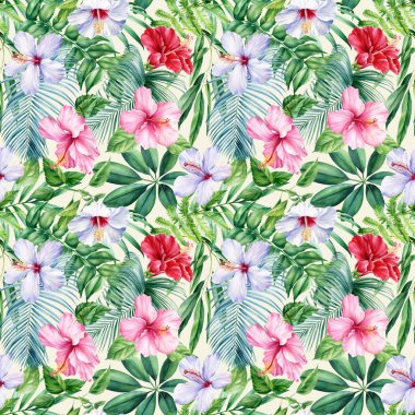 Palmiye yaprakları, beyaz arka planda tropik çiçekler, suluboya botanik çizimler. Kusursuz desenler. 