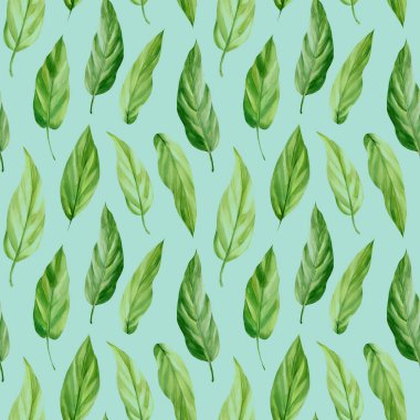 Tropik yaprak palmiyesi ile kusursuz desen. Yeşil yapraklar, suluboya çizimler