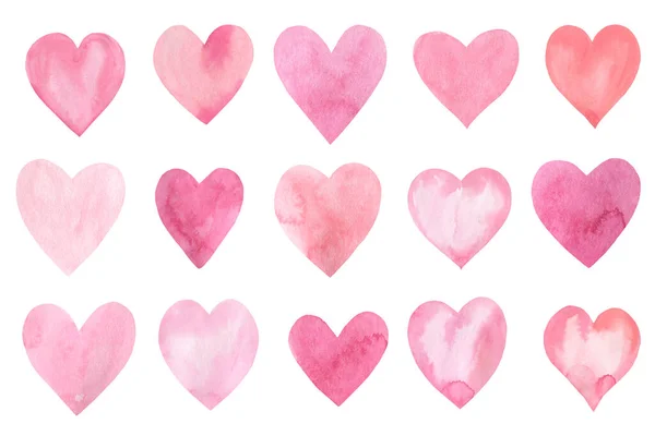 Sevgililer Günü. İzole edilmiş beyaz arka planda pembe kalpler kümesi, suluboya çizimi — Stok fotoğraf