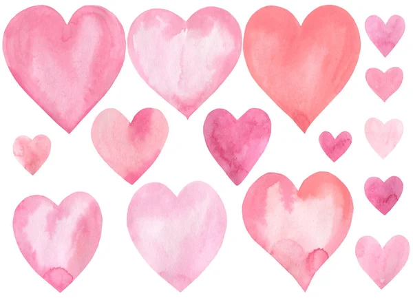 Conjunto de corações cor-de-rosa, ilustração aquarela, dia dos namorados — Fotografia de Stock