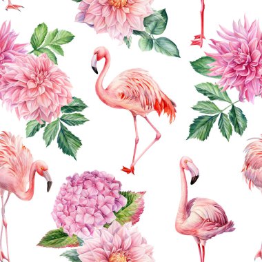 Suluboya kusursuz desen. Pembe flamingo ve çiçekler izole edilmiş arka plan, suluboya illüstrasyon.