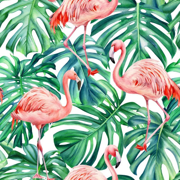 Watercolor tropical seamless pattern with pink flamingo and palm leaves, monstera leaf. Jungle design — Stock Photo, Image