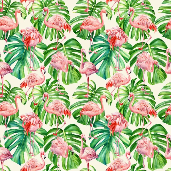 Tropical seamless pattern with pink flamingo and palm leaves, monstera leaf. Watercolor Jungle design — Stock Photo, Image