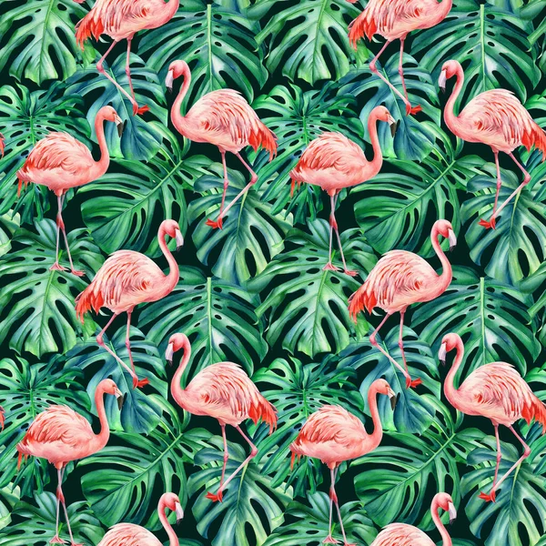 Watercolor tropical seamless pattern with pink flamingo and palm leaves, monstera leaf. Jungle design — Stock Photo, Image
