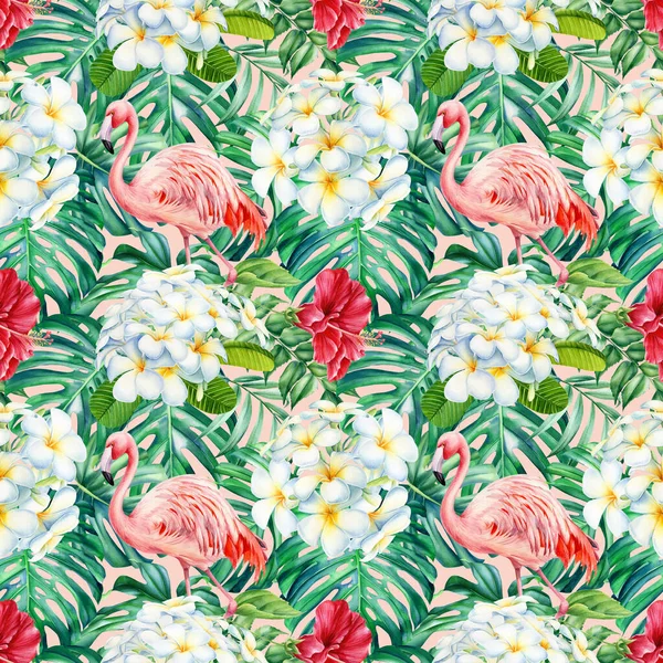 Pink flamingo and palm leaves, plumeria flowers, hibiscus. Watercolor Jungle design. Tropical seamless pattern 