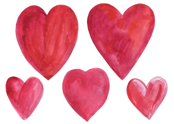 İzole edilmiş beyaz arka planda kırmızı kalpler, suluboya çizimler, sevgililer günü — Stok fotoğraf