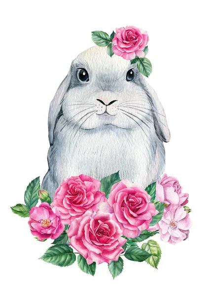 Lapin avec des fleurs roses sur fond blanc isolé, illustration aquarelle — Photo