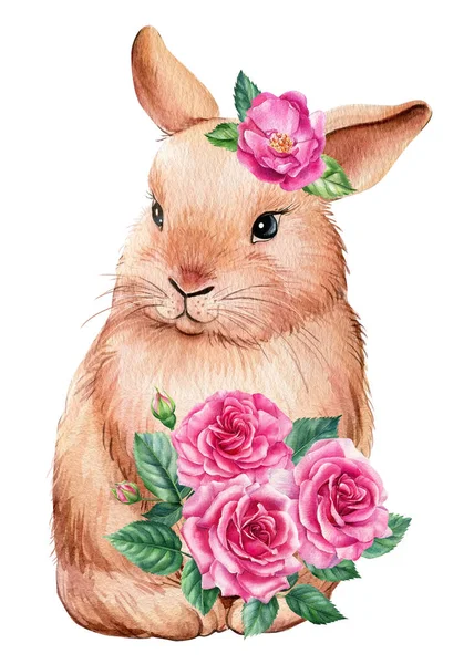 Kanin med rosa blommor på vit isolerad bakgrund, akvarell illustration — Stockfoto